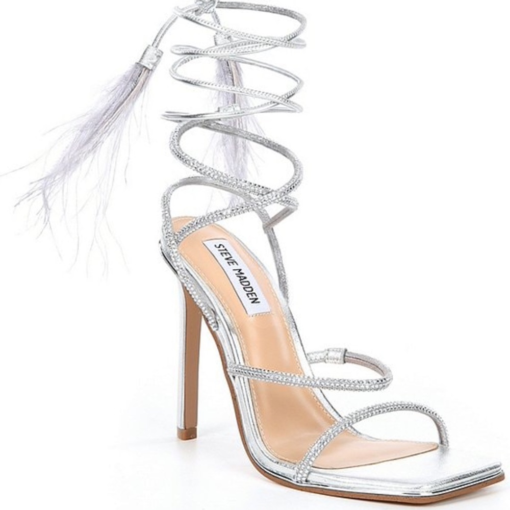 Steve Madden Upgrade Silver Rhinestone Feather Ankle Wrap Dress Sandals